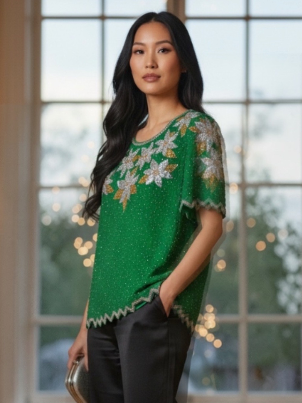 Vtg Creative Touch Large XL Top Shirt Beaded Green Floral Cocktail Evening Party